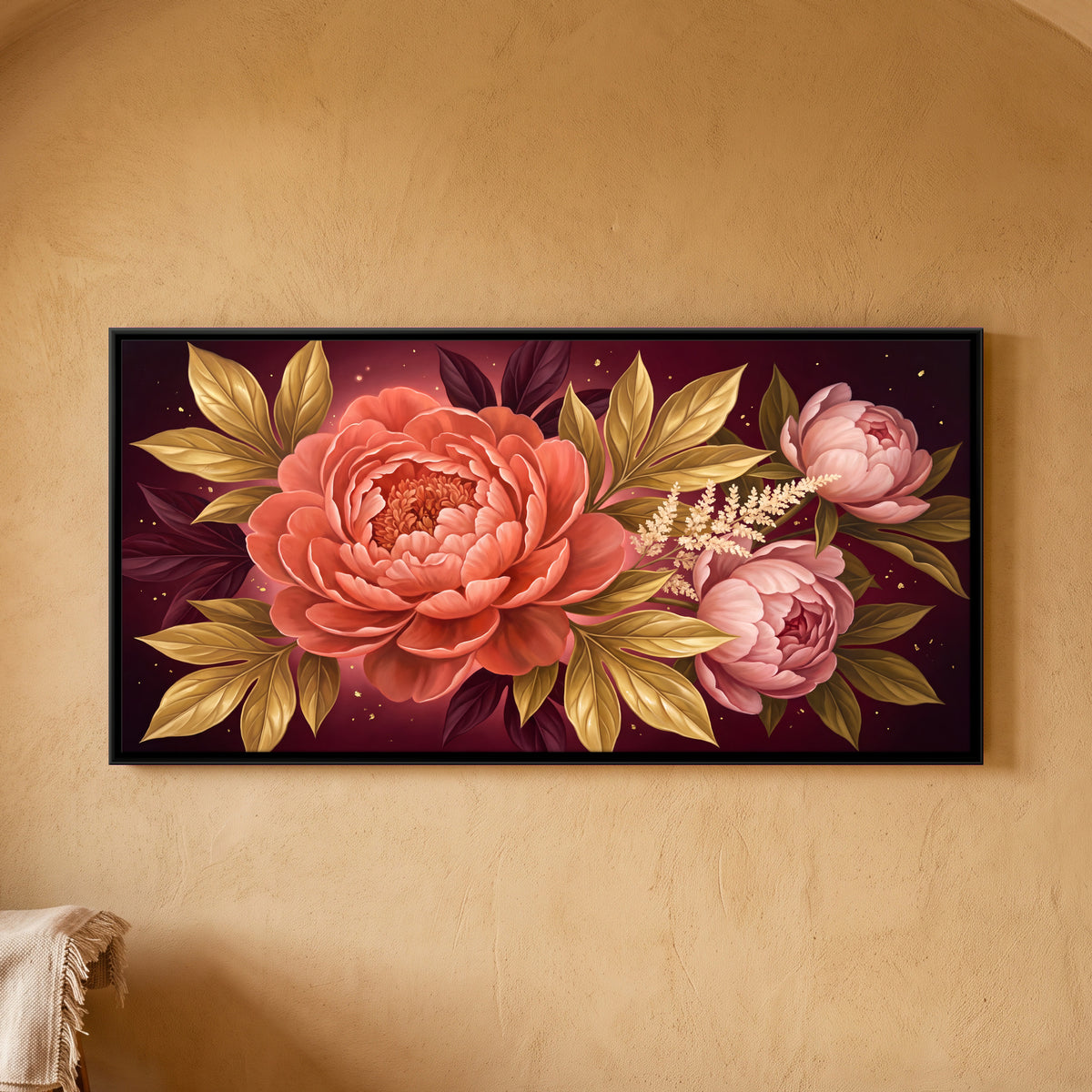 Coral and Pink Peonies - framed canvas art hung on a wall