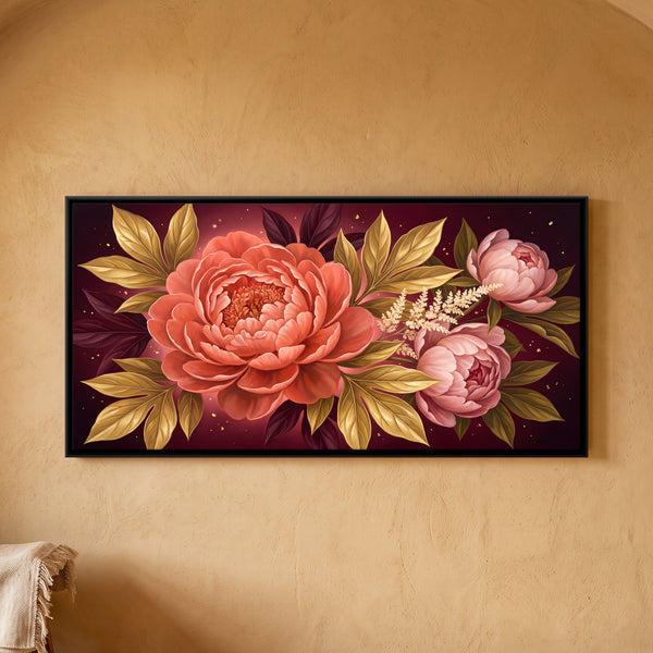 Coral and Pink Peonies with Gold Leaves