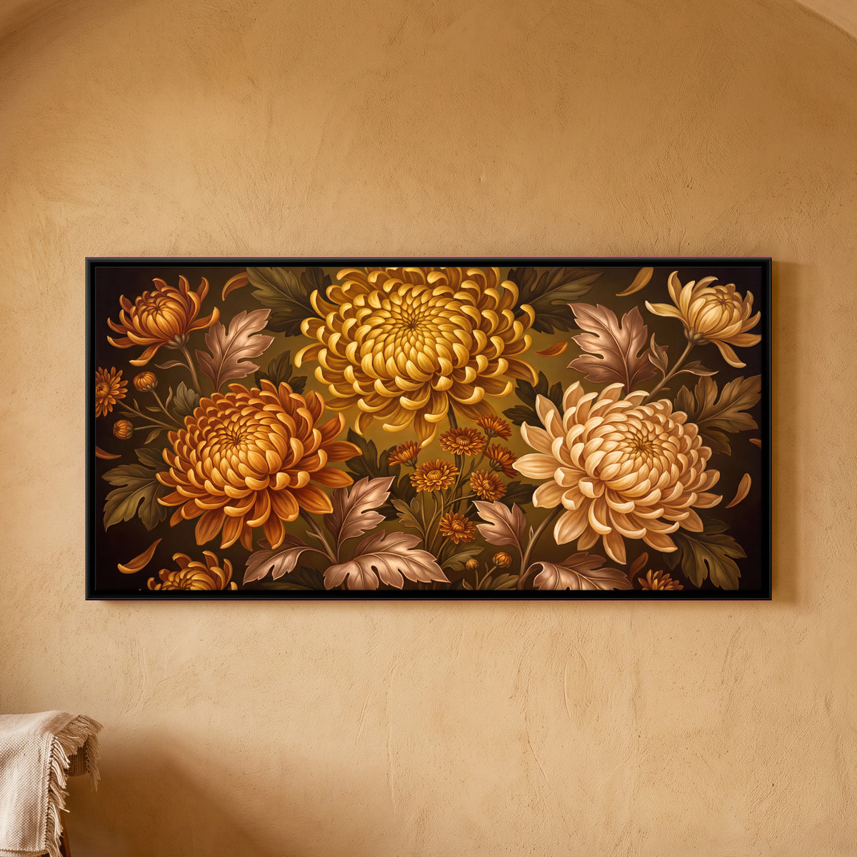 Golden Chrysanthemums - framed canvas art hung on a wall