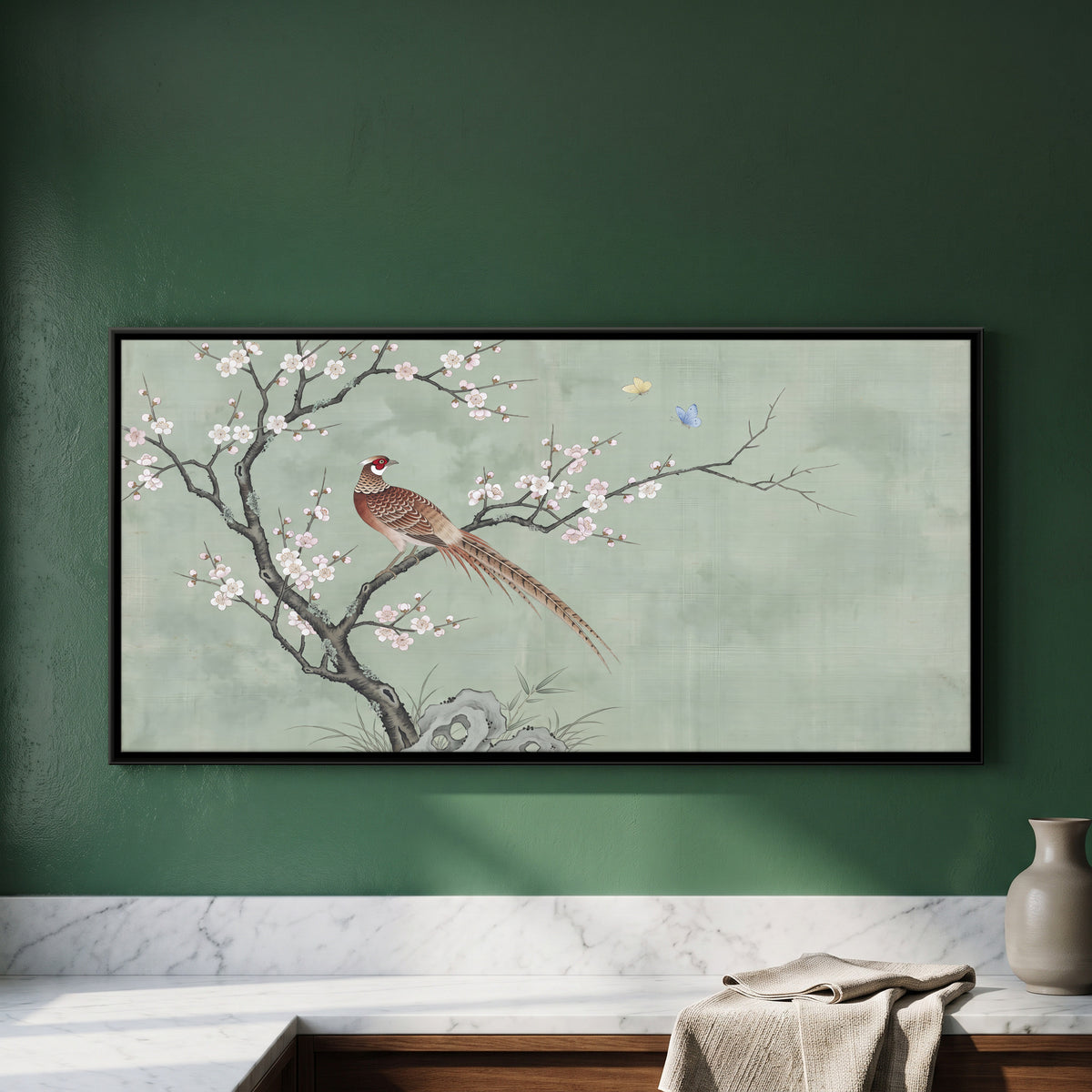Pheasant on a Blossoming Branch - framed canvas art hung on a wall