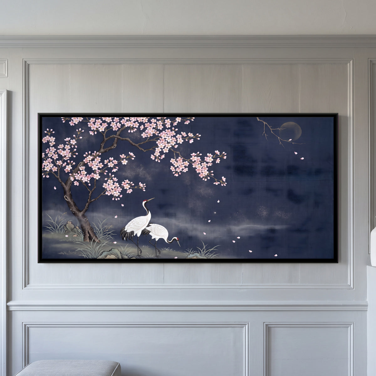 Cranes Beneath Moonlit Cherry Blossom - framed canvas art hung on a wall