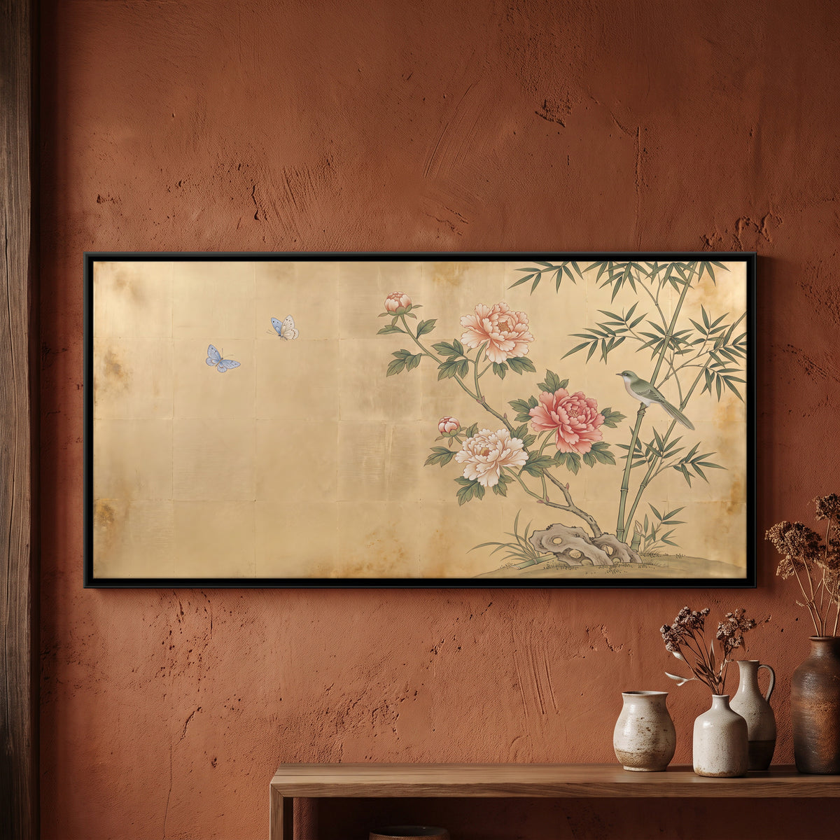 Peonies and Bamboo with a Bird - framed canvas art hung on a wall