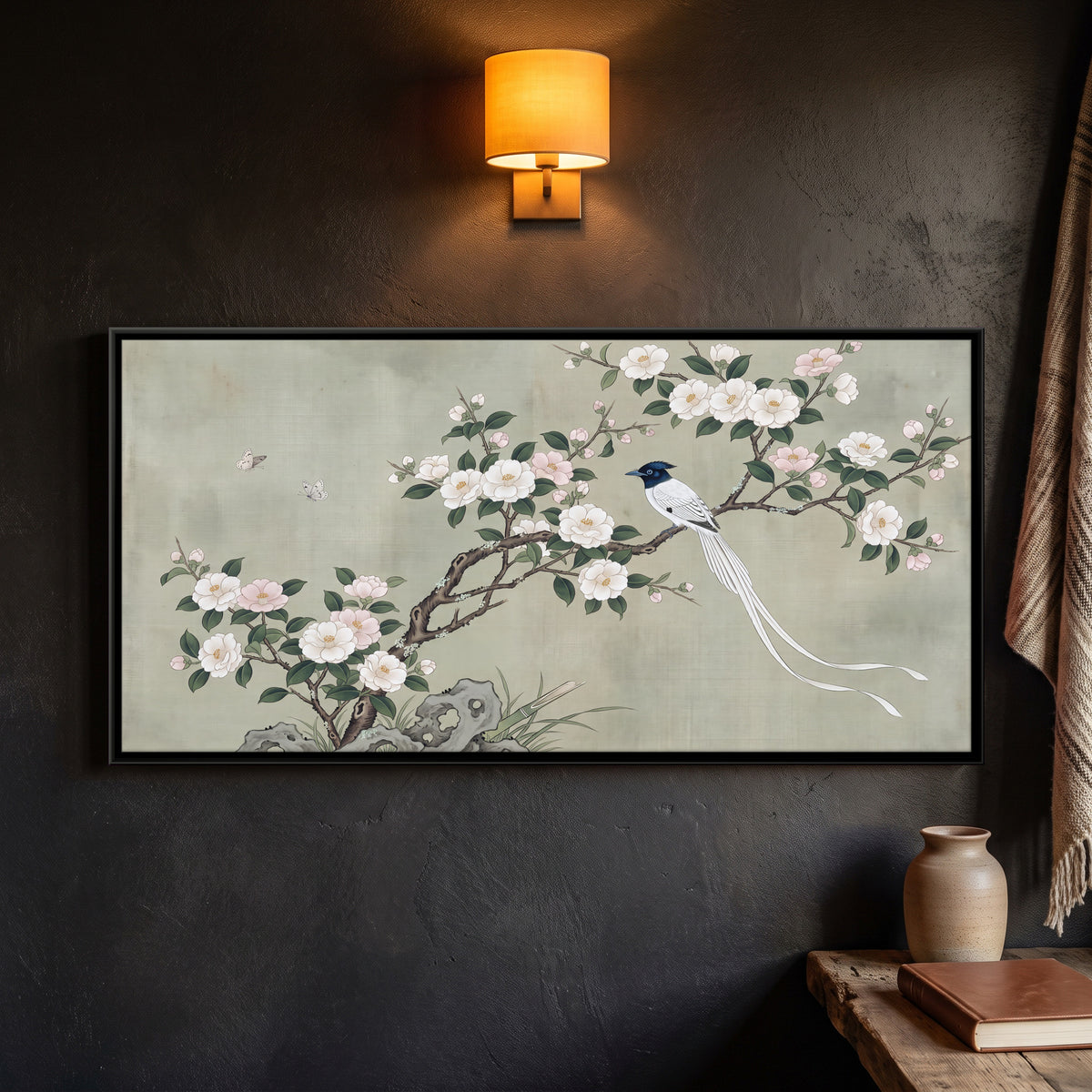 Paradise Flycatcher on a Blossom Branch - framed canvas art hung on a wall