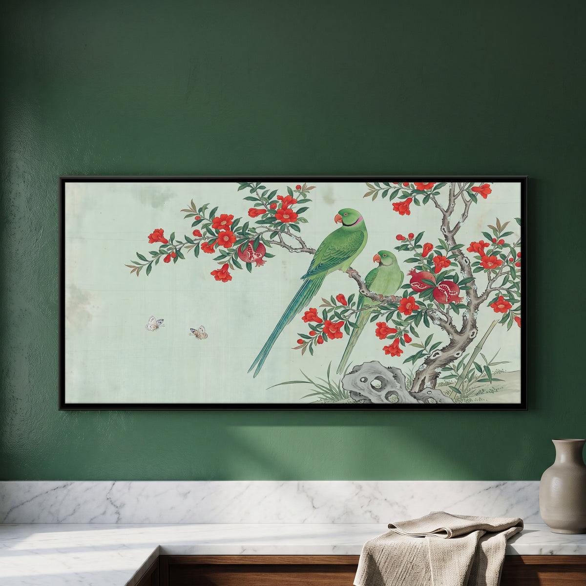 Parakeets on a Pomegranate Tree - framed canvas art hung on a wall
