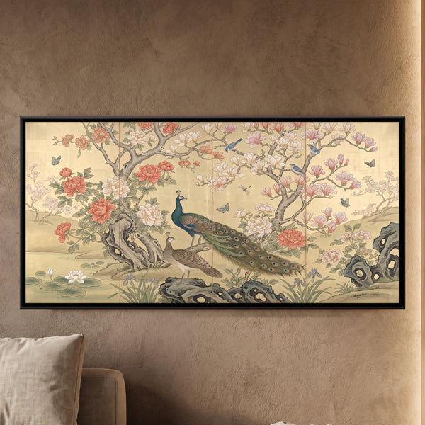 Peacock and Peahen in Blossom Garden