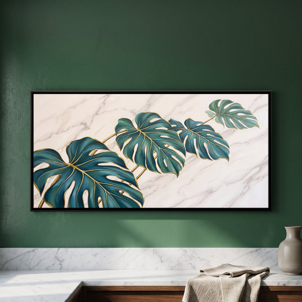 Teal Monstera Leaves on Marble - framed canvas art hung on a wall