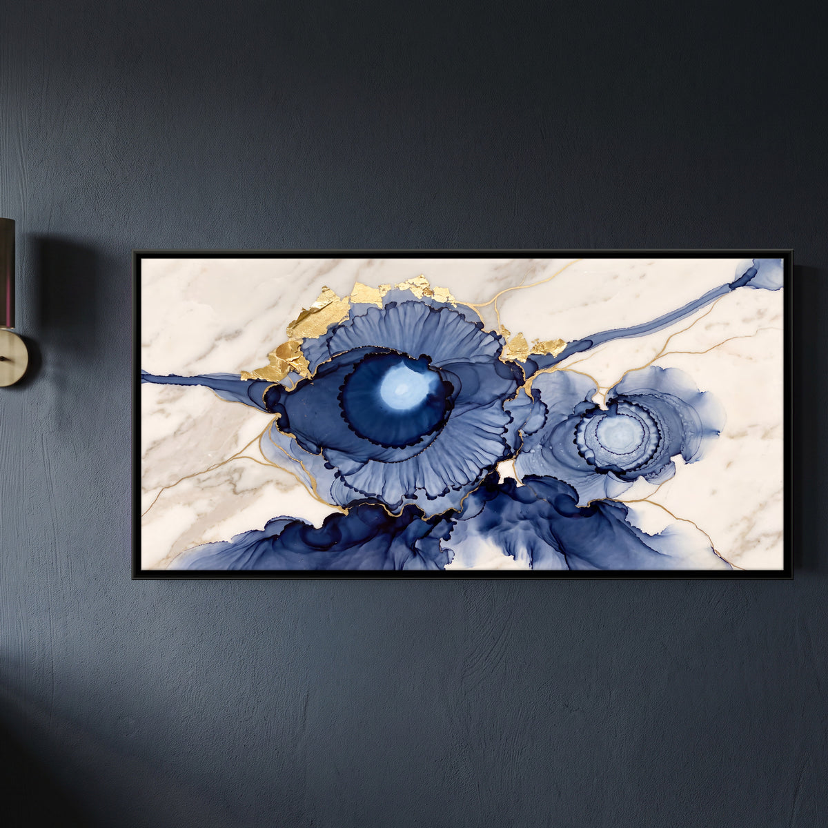 Indigo Ink Blooms on Marble - framed canvas art hung on a wall