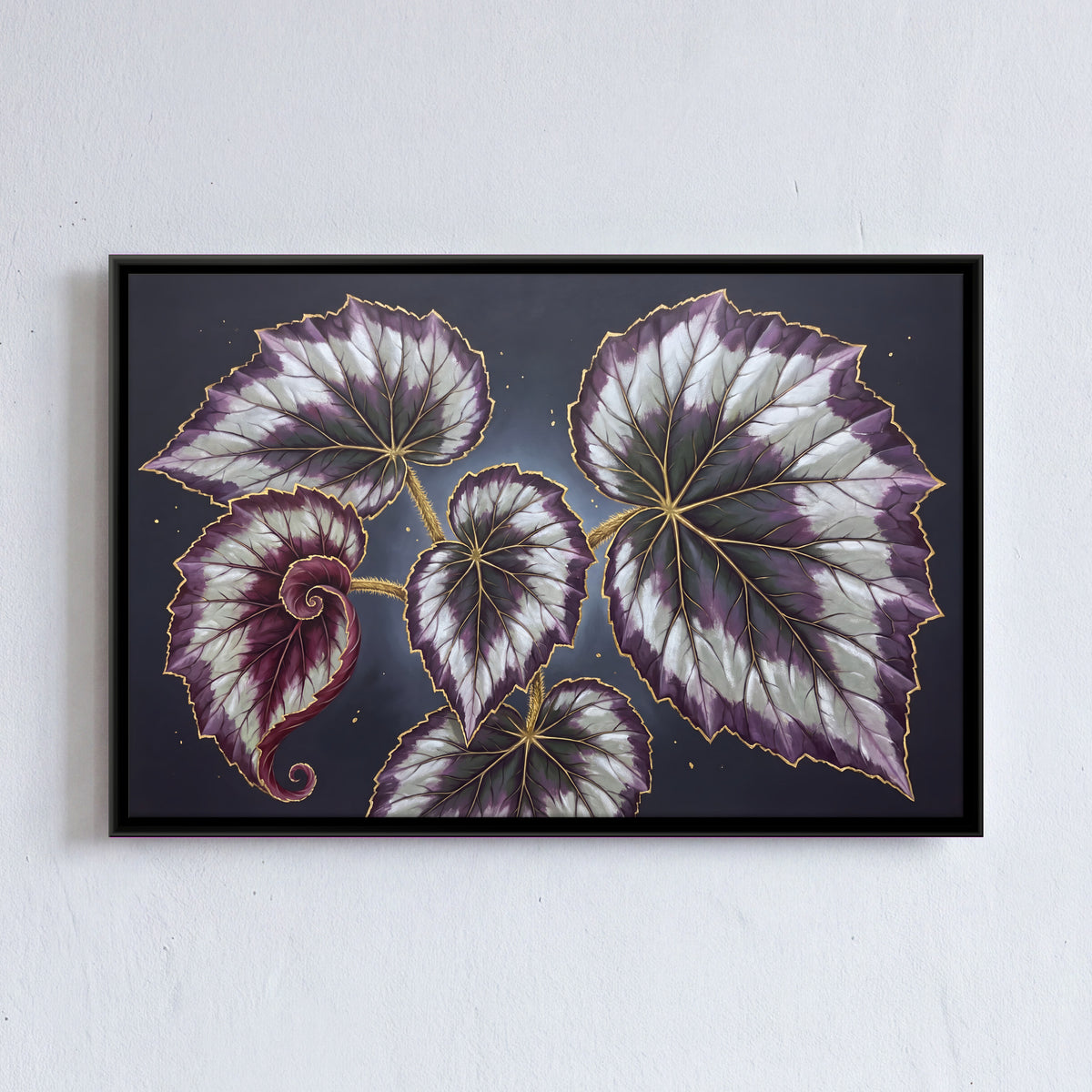 Purple Begonia Leaves - framed canvas art hung on a wall