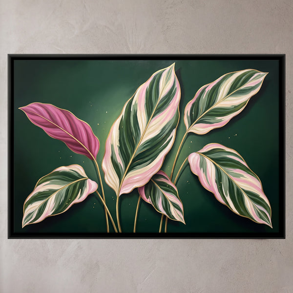 Pink, Cream, and Green Striped Leaves on Dark Background