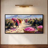 Women Harvesting Pink Roses in an Arid Landscape