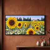 Field of Sunflowers with Cypresses and a Stone House
