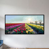 Tulip Fields Converging on a Windmill Beside a Canal