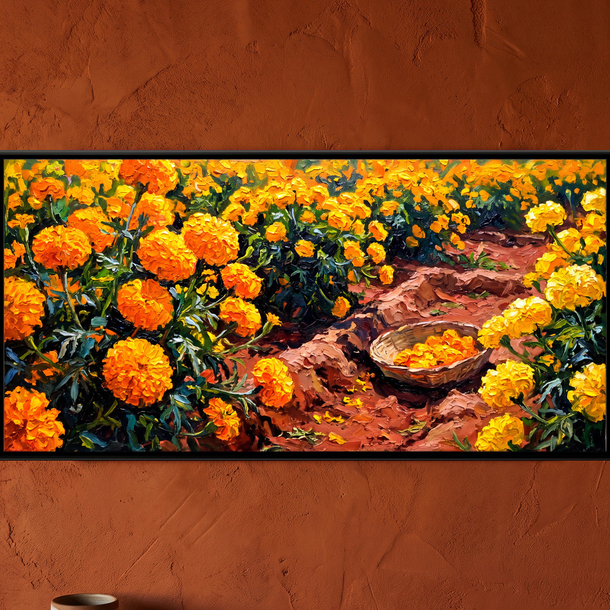 Marigold Field with a Basket - framed canvas art hung on a wall