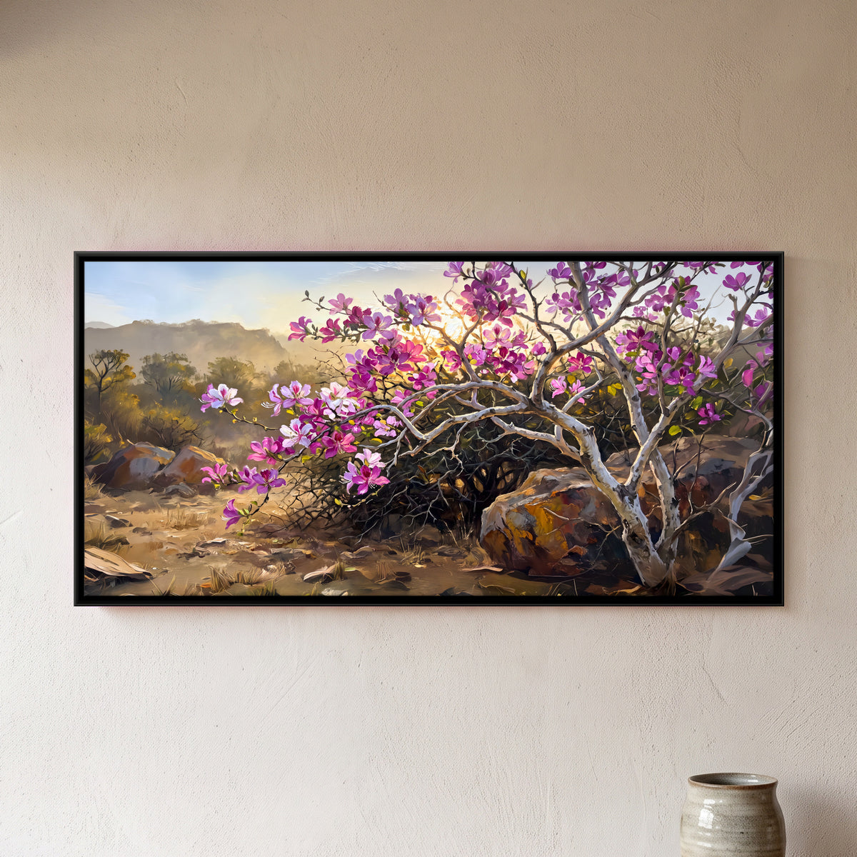 Orchid Tree Among Boulders - framed canvas art hung on a wall