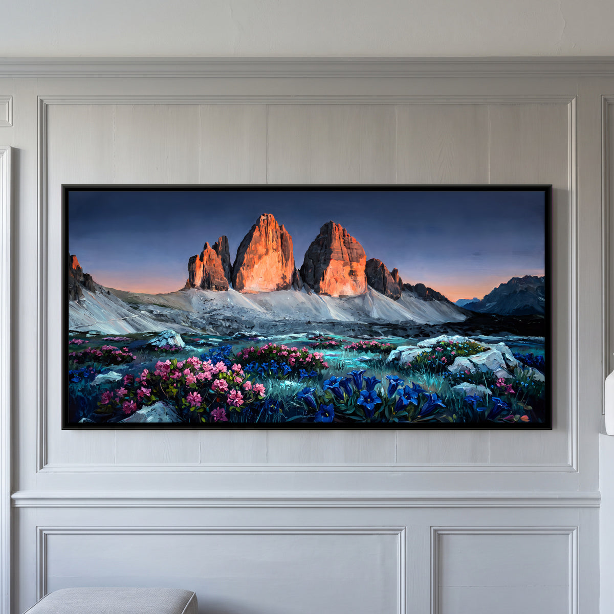 Alpine Wildflowers Below Rock Peaks - framed canvas art hung on a wall
