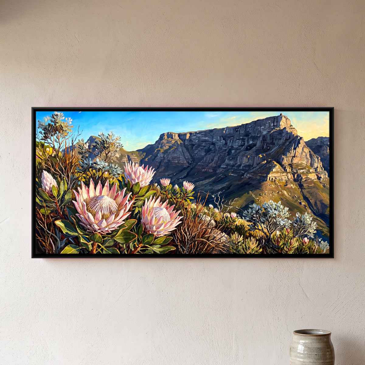 King Proteas Below Table Mountain - framed canvas art hung on a wall