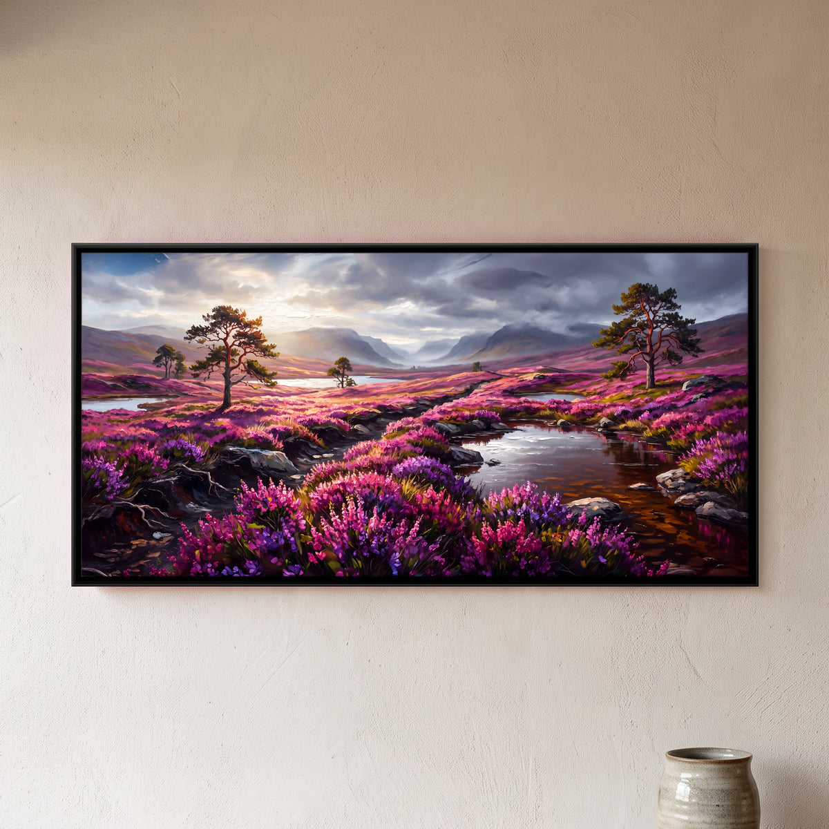 Pines on a Heather Moor - framed canvas art hung on a wall