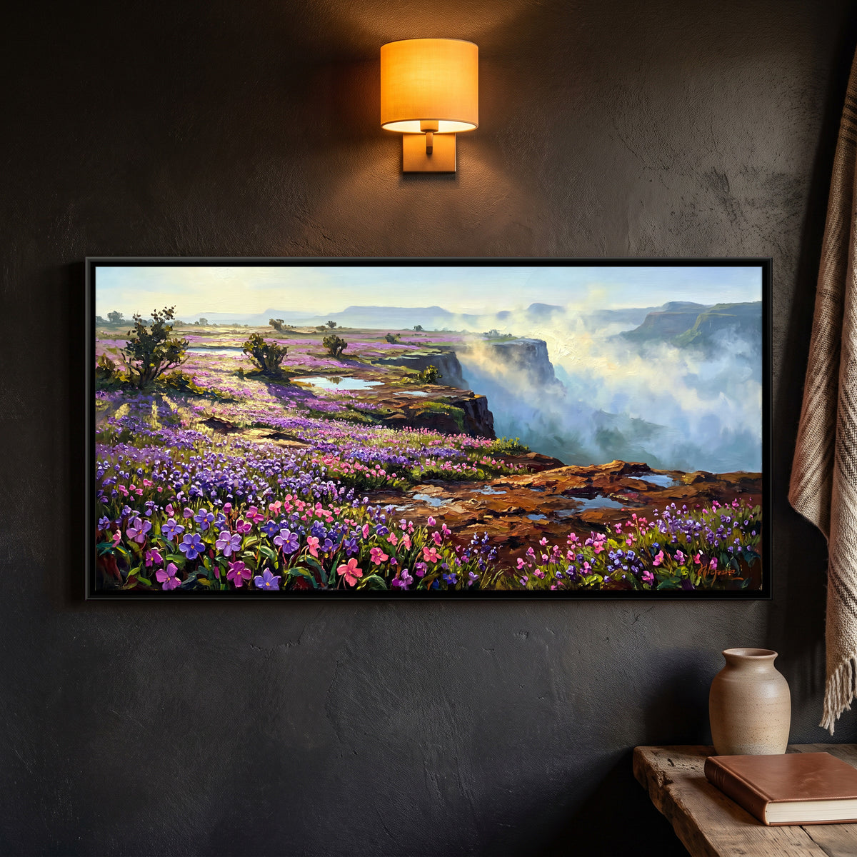 Wildflowers Above a Misty Gorge - framed canvas art hung on a wall