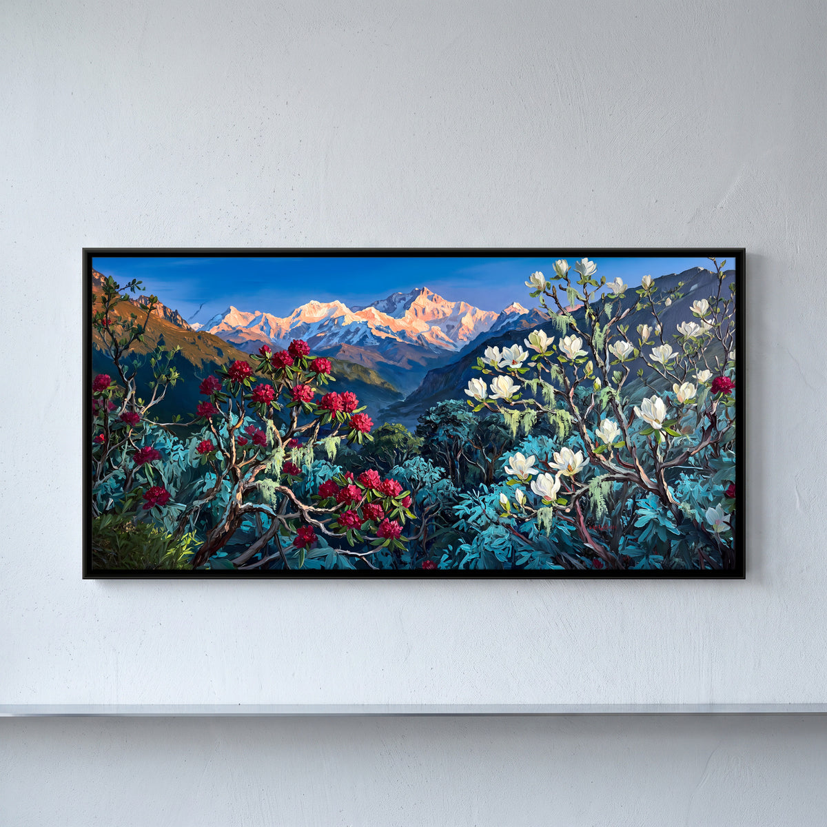 Rhododendron and Magnolia Before Snow Peaks - framed canvas art hung on a wall