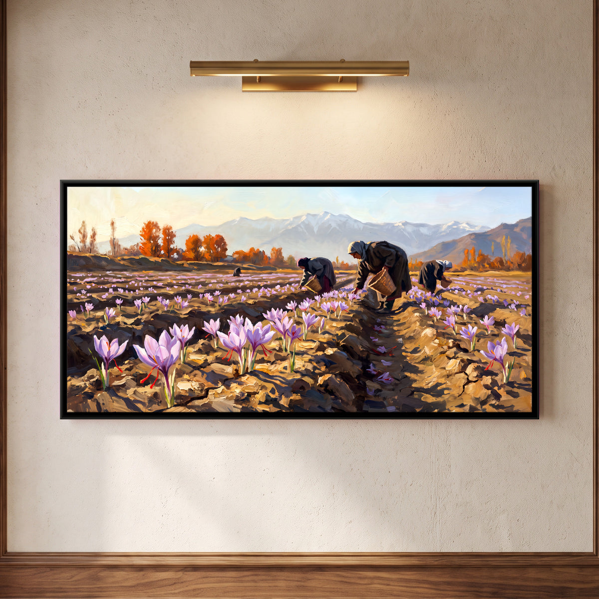 Harvesting the Saffron Fields - framed canvas art hung on a wall