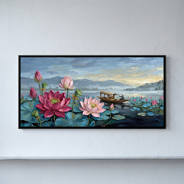 Lotuses on Dal Lake with a Shikara