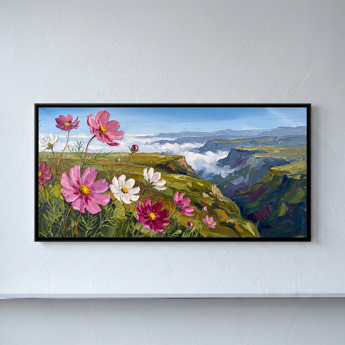 Cosmos Above a Misty Valley - framed canvas art hung on a wall