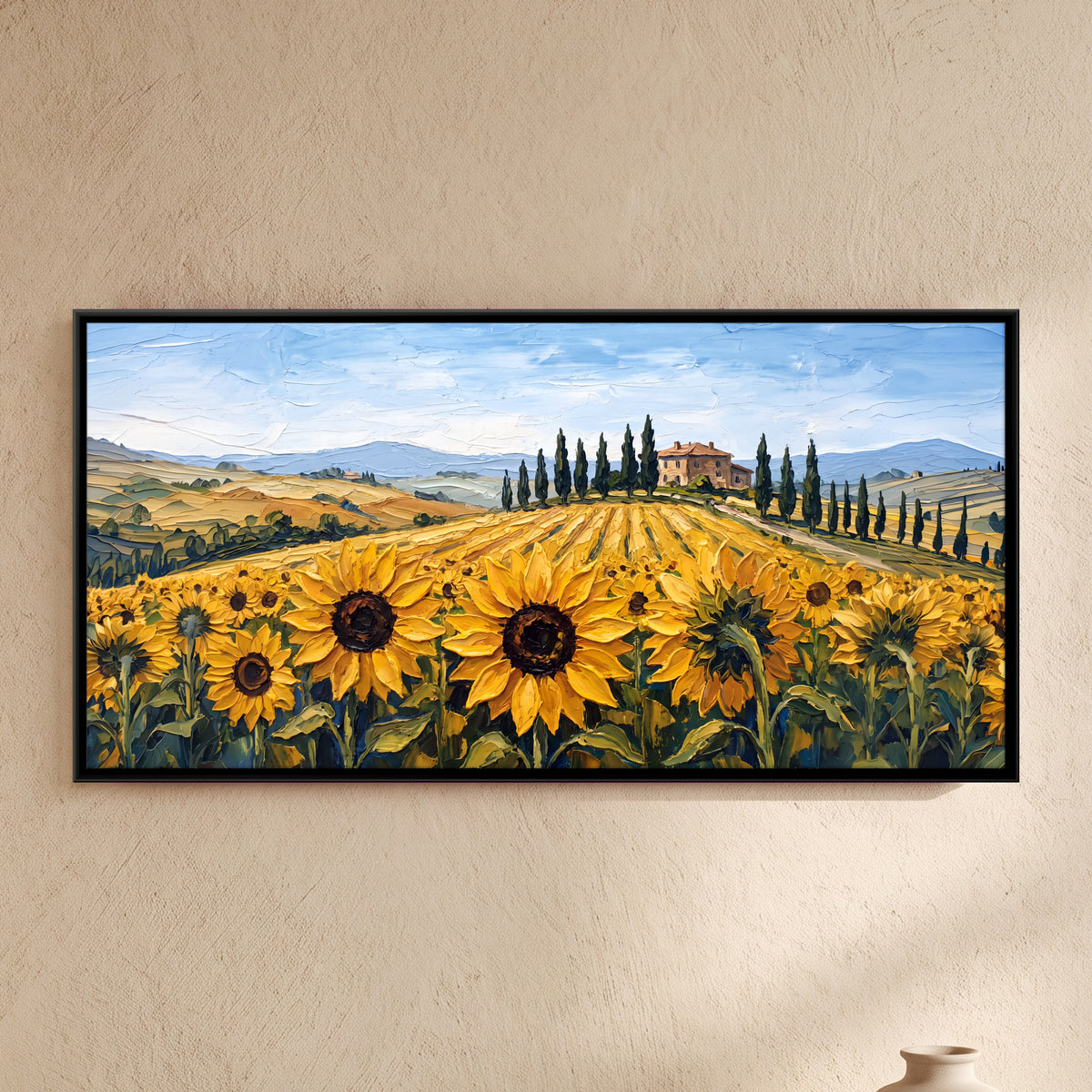 Sunflowers in Tuscany - framed canvas art hung on a wall