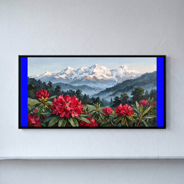 Red Rhododendrons and Snow Peaks in Azure