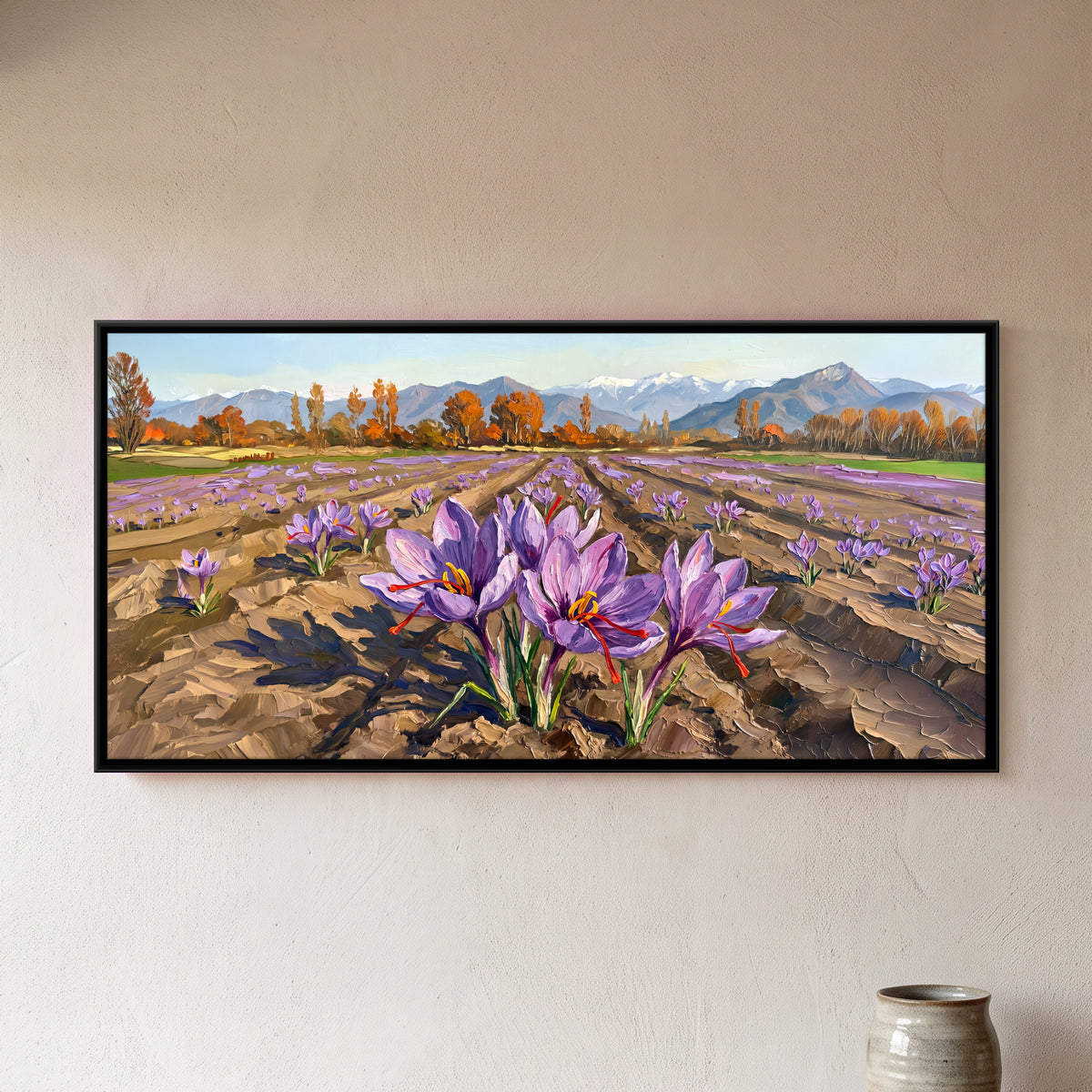 Saffron Fields in Bloom - framed canvas art hung on a wall