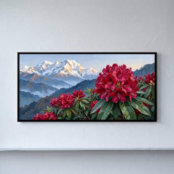 Red Rhododendrons and Snow Peaks in Mist