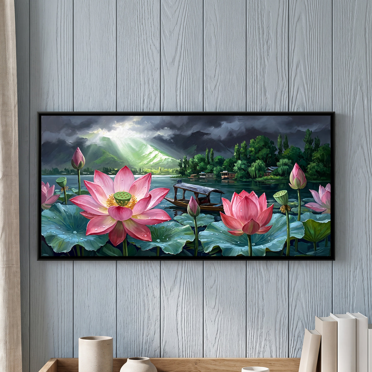 Lotus Under a Stormy Sky - framed canvas art hung on a wall