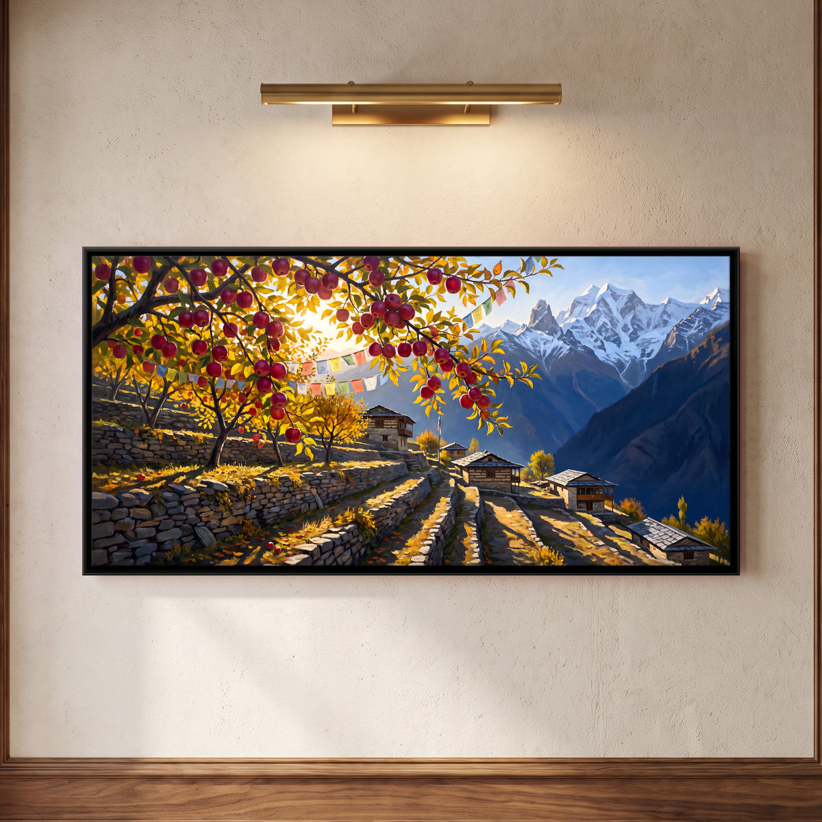 Apple Orchard in the Himalayas - framed canvas art hung on a wall