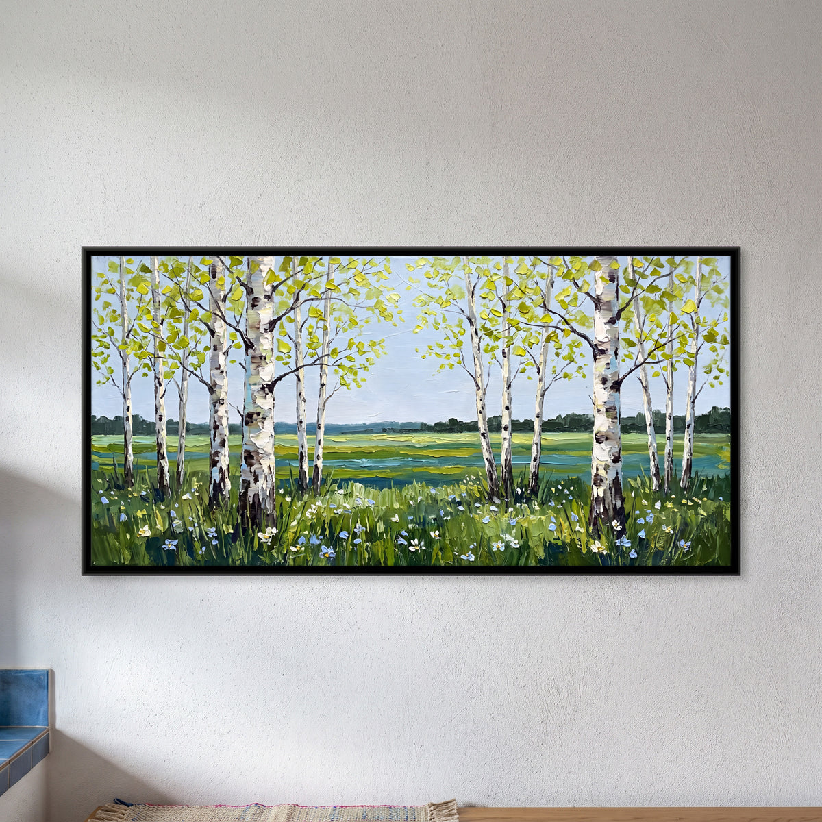 Birches in a Spring Meadow - framed canvas art hung on a wall