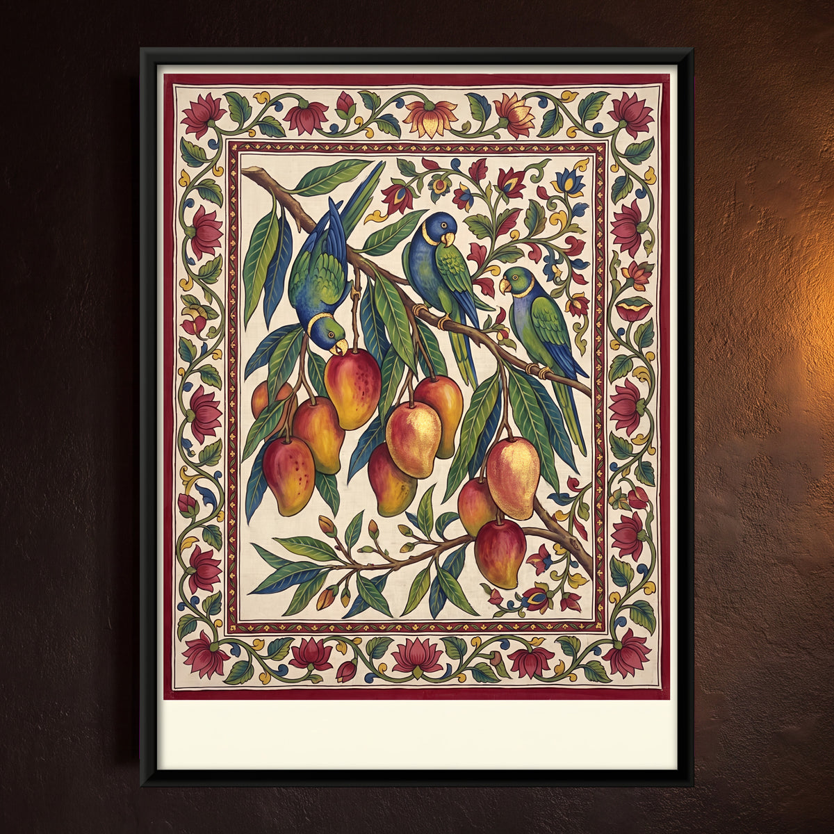Parrots on a Mango Branch - framed canvas art hung on a wall