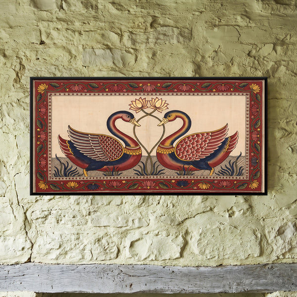 Pair of Swans Facing Each Other with Lotus