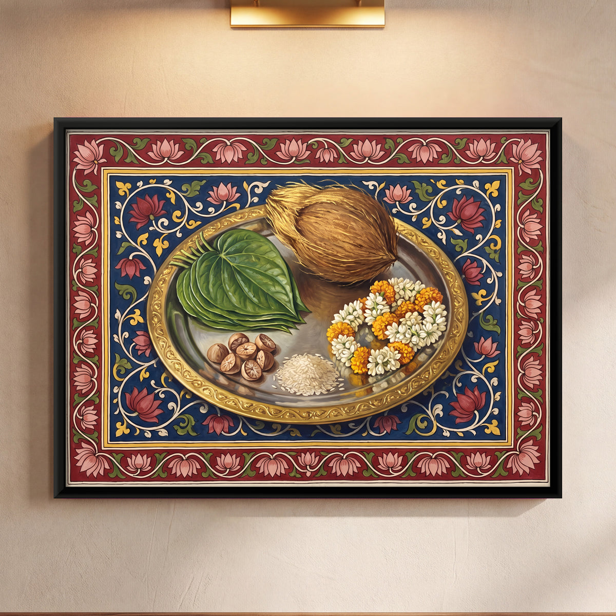 Puja Thali with Coconut and Betel Leaf - framed canvas art hung on a wall