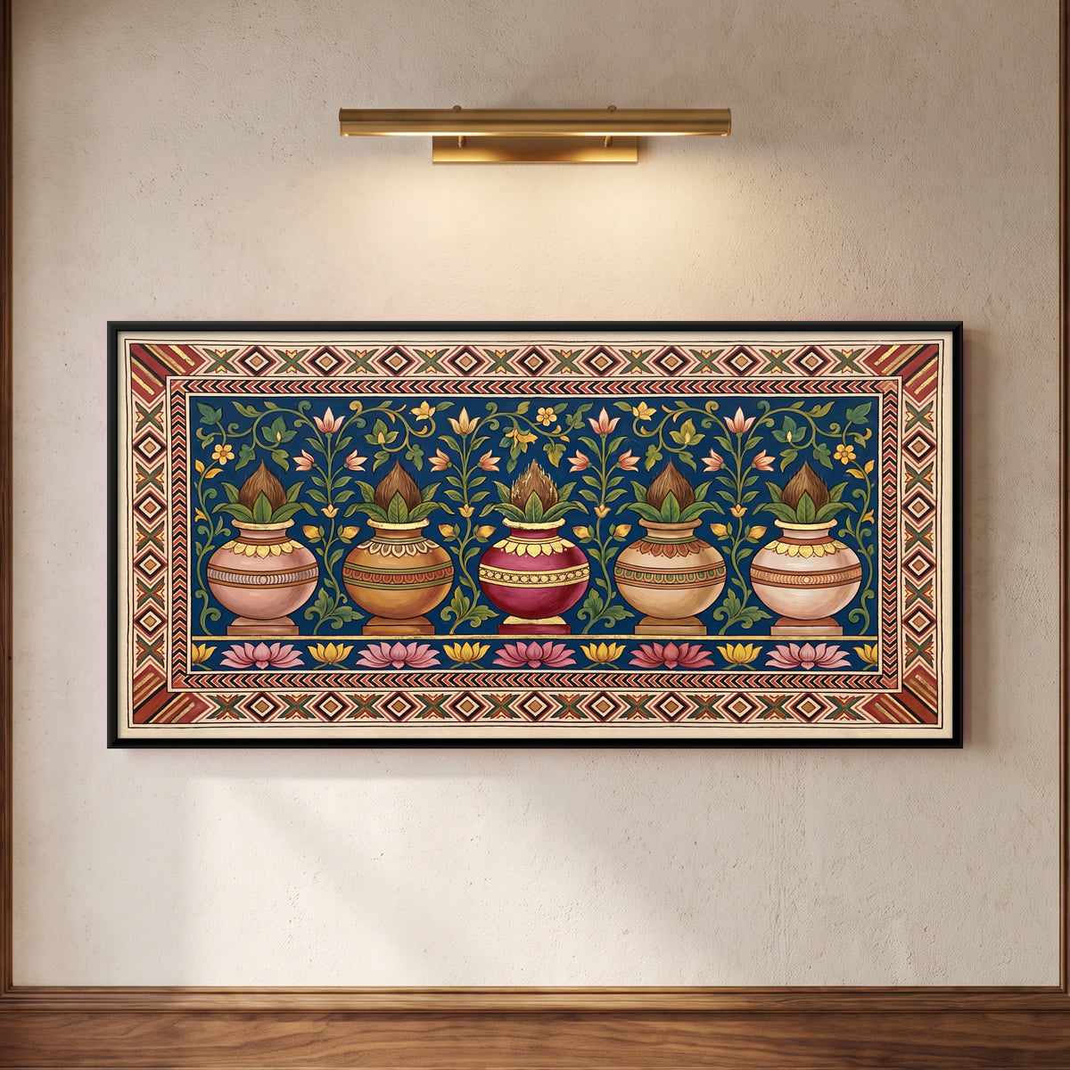 Row of Kalash Pots - framed canvas art hung on a wall