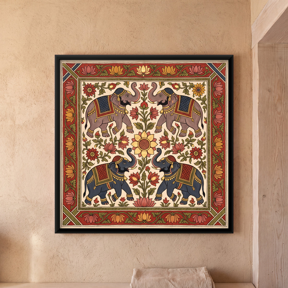 Four Elephants Around a Lotus - framed canvas art hung on a wall