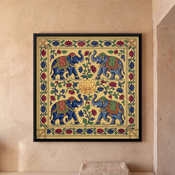 Four Blue Elephants Facing a Central Lotus