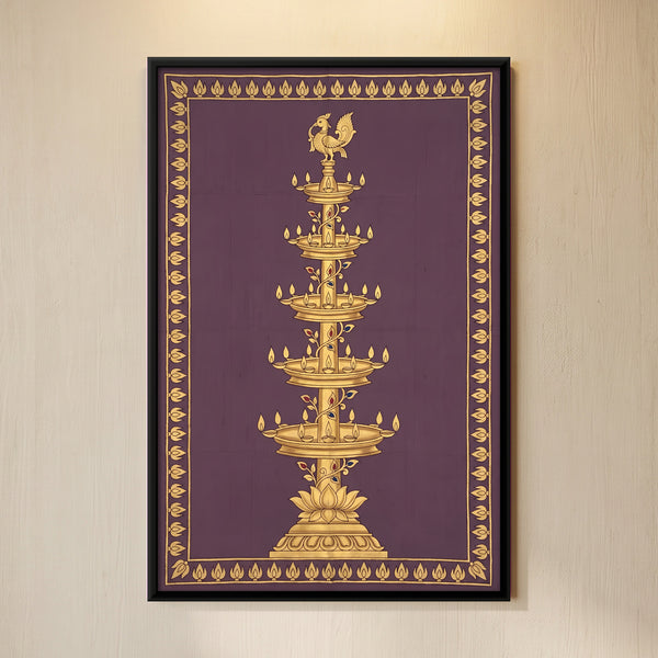 Five-tiered Golden Temple Lamp on Plum Background