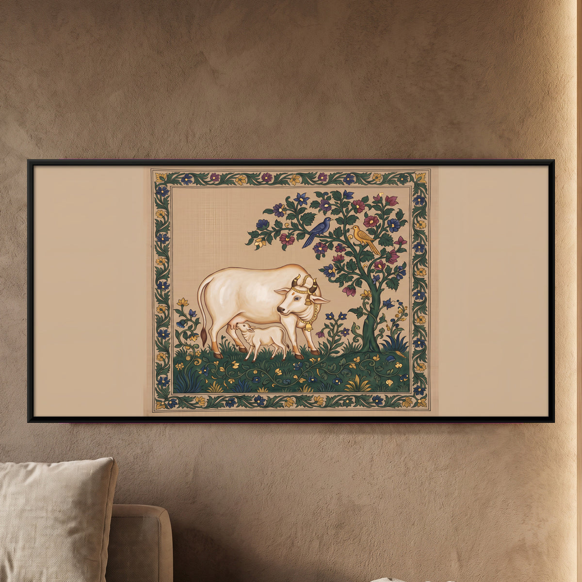 Gau Mata and Calf Beneath a Flowering Tree - framed canvas art hung on a wall