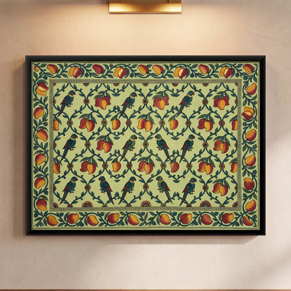 Lattice Pattern with Parrots and Mangoes on Green