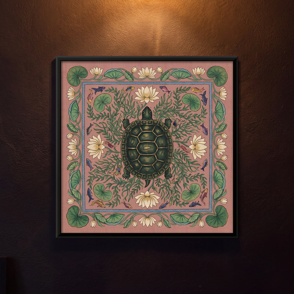 Tortoise in a Lotus Pond - framed canvas art hung on a wall