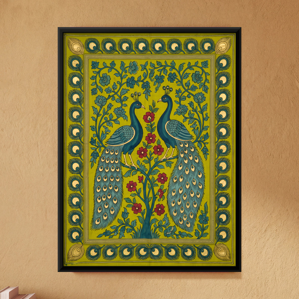 Pair of Peacocks - framed canvas art hung on a wall