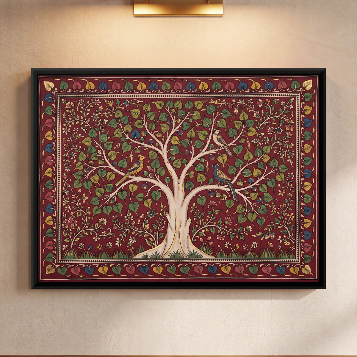 Peepal Tree with Birds - framed canvas art hung on a wall