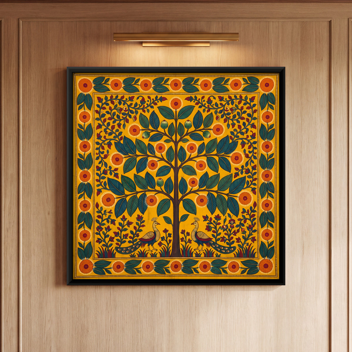 Flowering Tree with Peacocks - framed canvas art hung on a wall