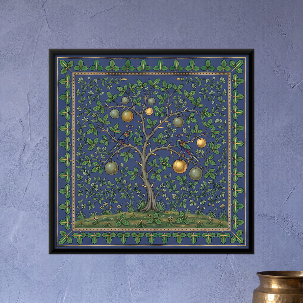Bilva Tree with Birds - framed canvas art hung on a wall