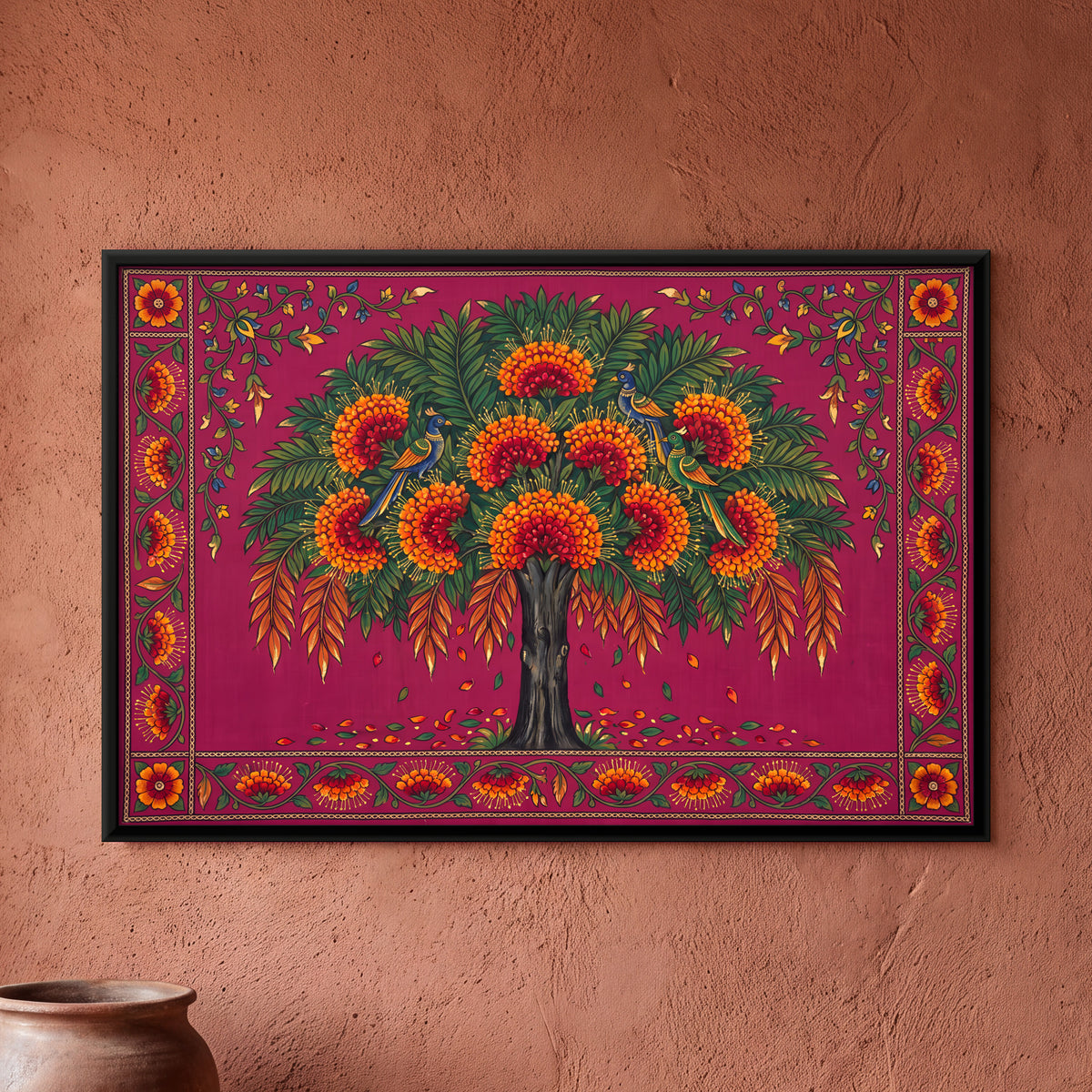 Ashoka Tree with Birds - framed canvas art hung on a wall
