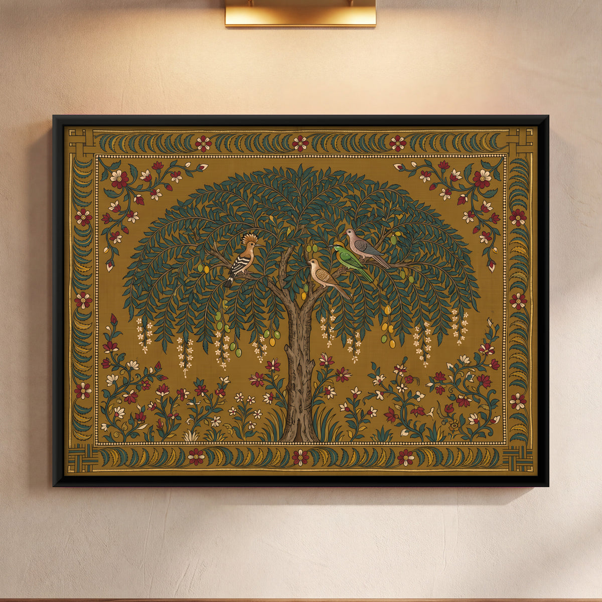 Neem Tree with Birds - framed canvas art hung on a wall