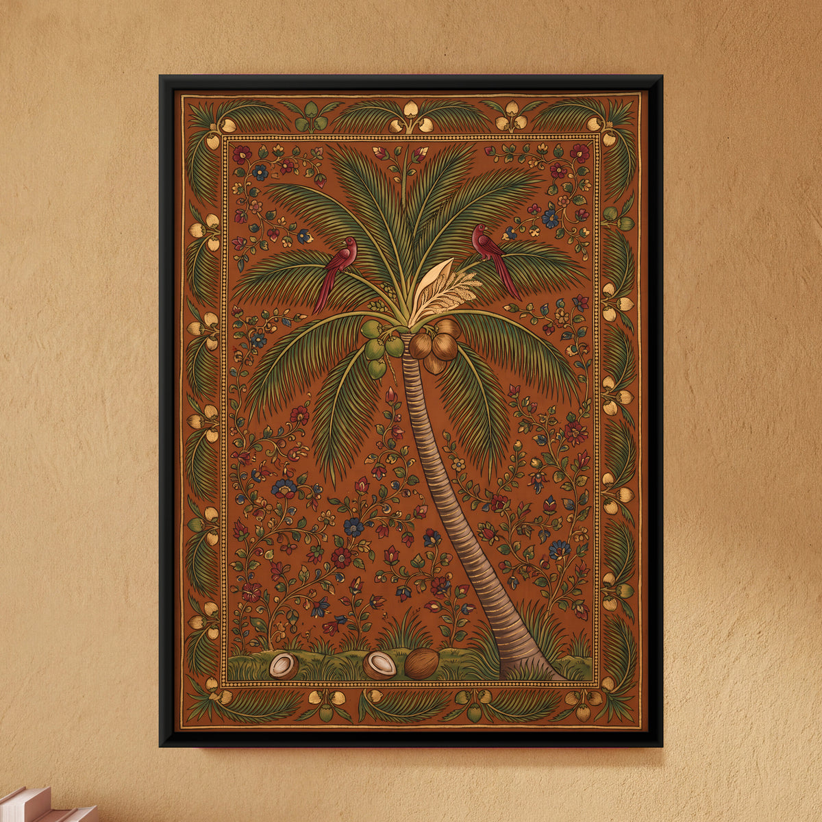 Coconut Palm with Birds - framed canvas art hung on a wall